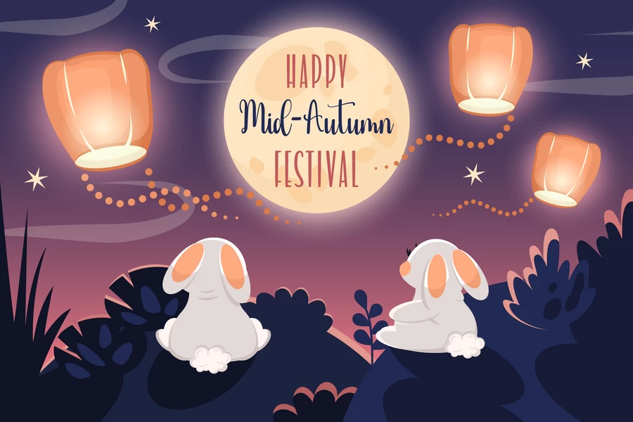 八月十五中秋节玉兔嫦娥月饼节气节日插画海报模板AI矢量设计素材【035】